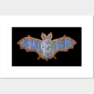 Pale Blue Skull Halloween Bat Decoration In A Retro Style Posters and Art